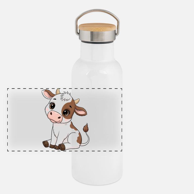 Motif de dessin animé vache et veau mignons Gourde isotherme avec bouchon en bambou