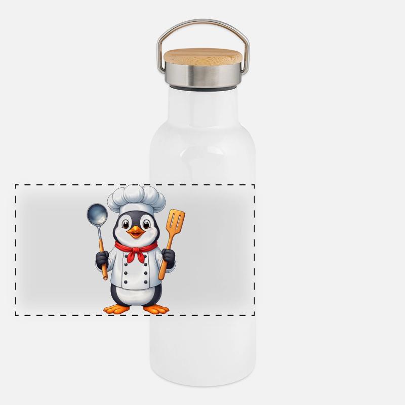 Cuisinier pingouin dessin animé mignon qui cuisine Gourde isotherme avec bouchon en bambou