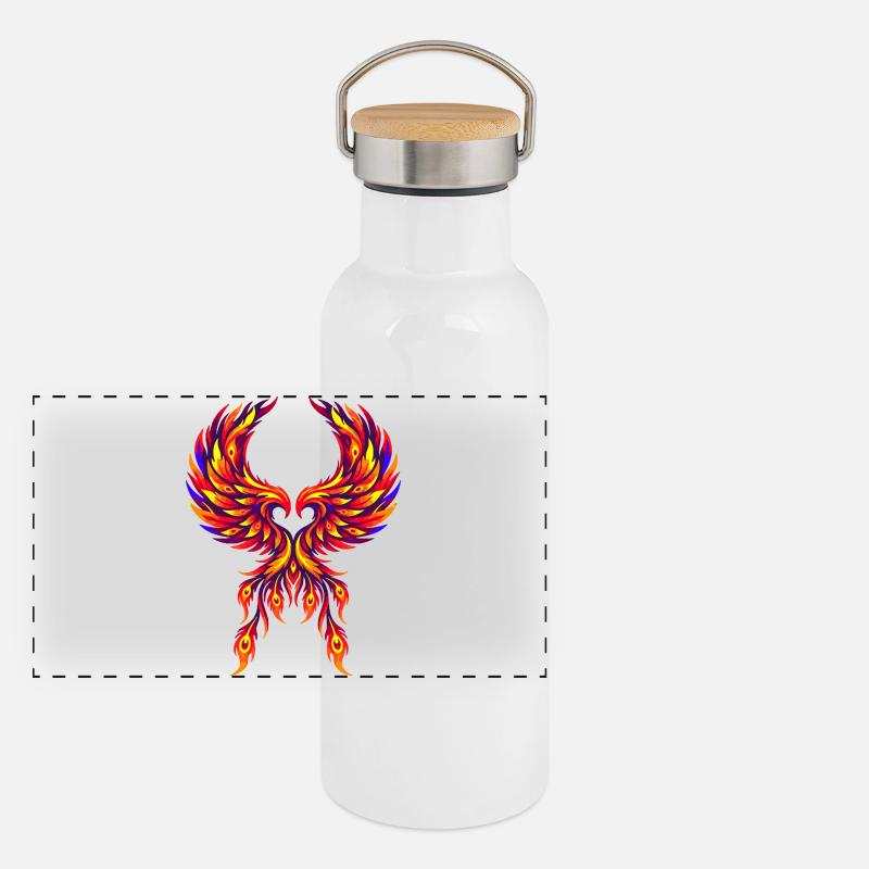 Phönix Herz – Zwei Seelen im Feuer der Verbindung Panorama Thermosflasche mit Bambusdeckel