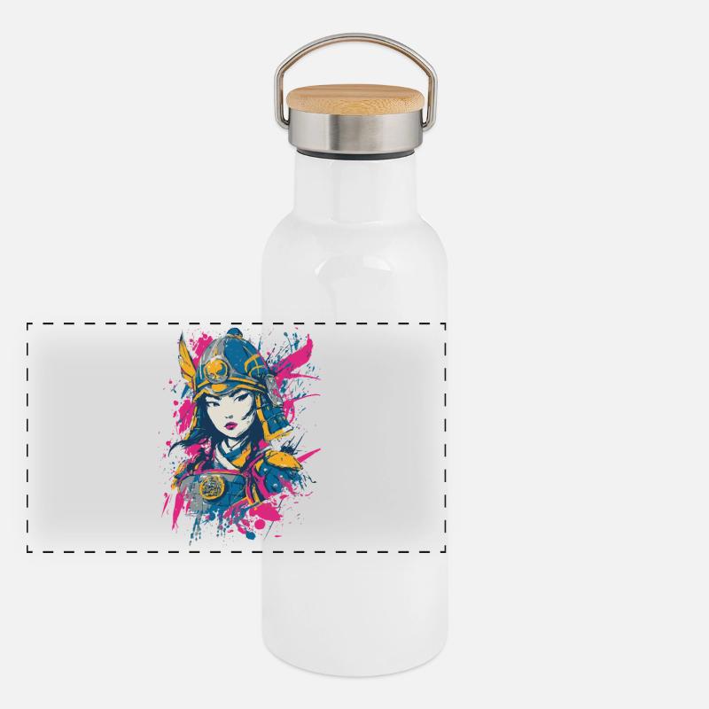 Samurai Kriegerin Panorama Thermosflasche mit Bambusdeckel