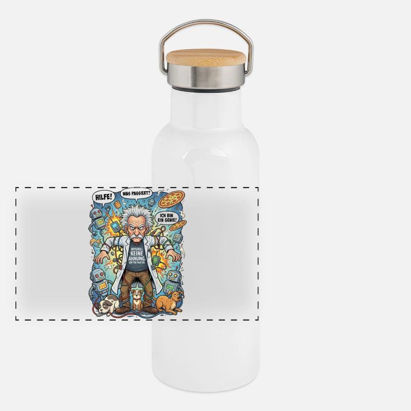 Genius in chaos: Einstein and robots Panoramic Thermal Bottle with Bamboo Lid