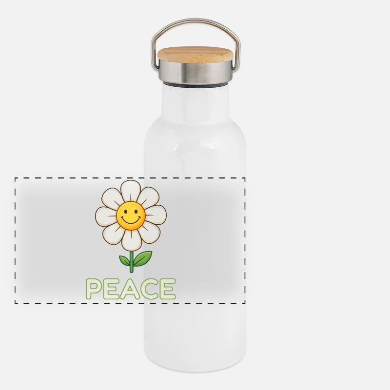 Anti-Kriegs-Friedensblume – Retro Smiley Daisy Panorama Thermosflasche mit Bambusdeckel