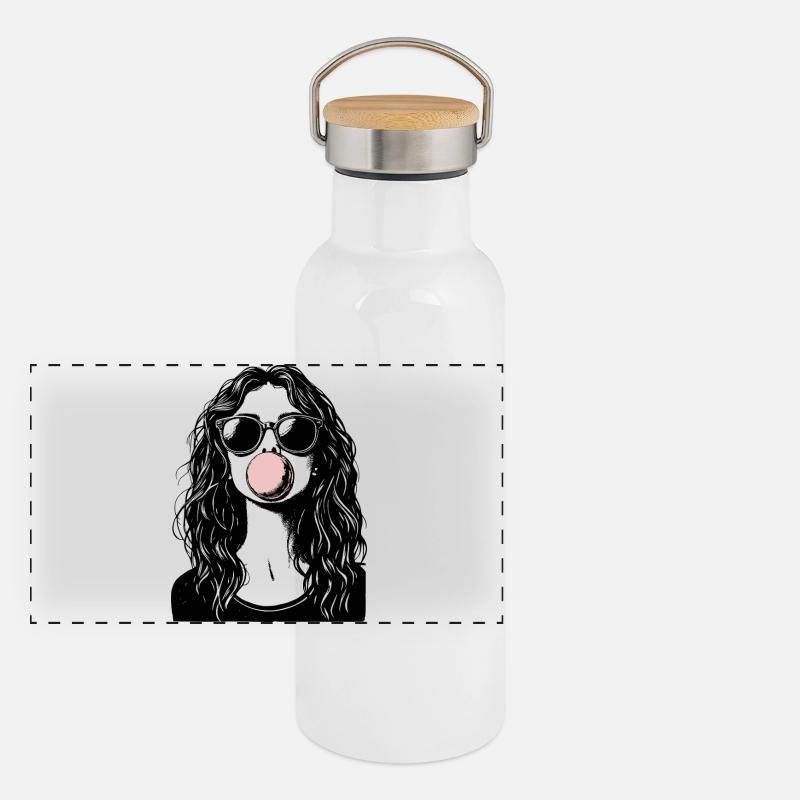 Cooles Mädchen bläst Kaugummi Panorama Thermosflasche mit Bambusdeckel