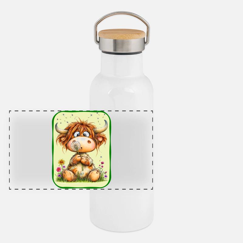 Niedliche Kuh mit Pusteblume Panorama Thermosflasche mit Bambusdeckel