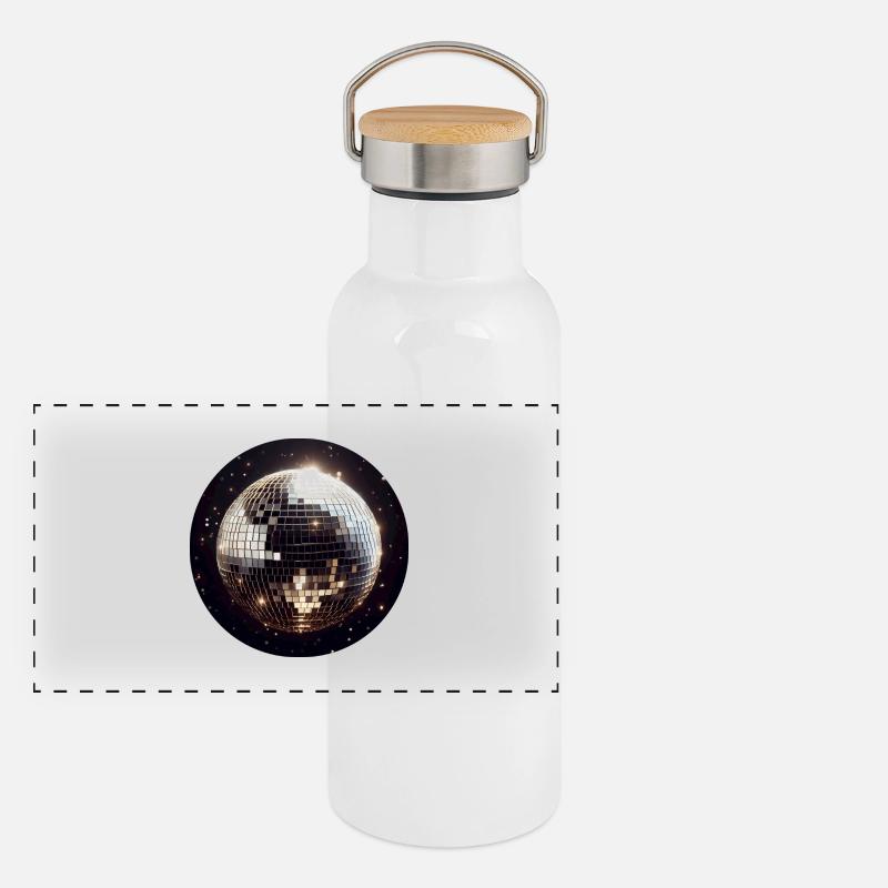 Runde Discokugel auf schwarzem Hintergrund Panorama Thermosflasche mit Bambusdeckel