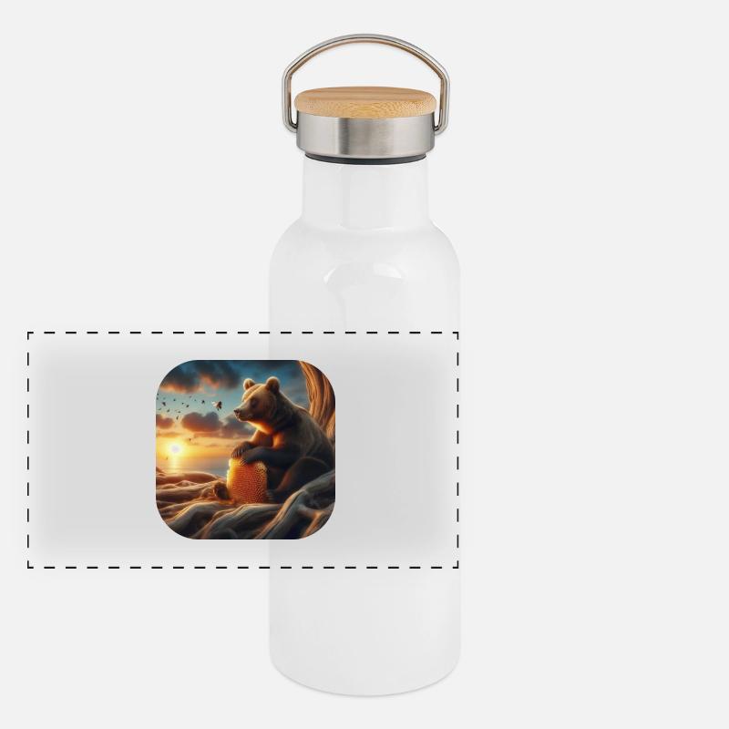 Braunbär sitzt mit Bienenwabe vor einem Baum Panorama Thermosflasche mit Bambusdeckel