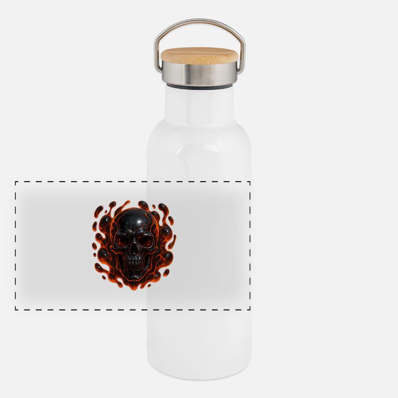 Flammender Totenkopf Panorama Thermosflasche mit Bambusdeckel
