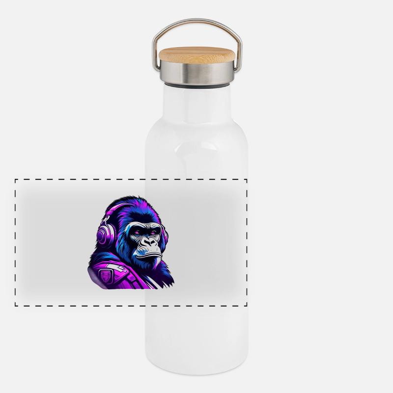 Futuristischer Gorillamotiv mit Kopfhörern Panorama Thermosflasche mit Bambusdeckel