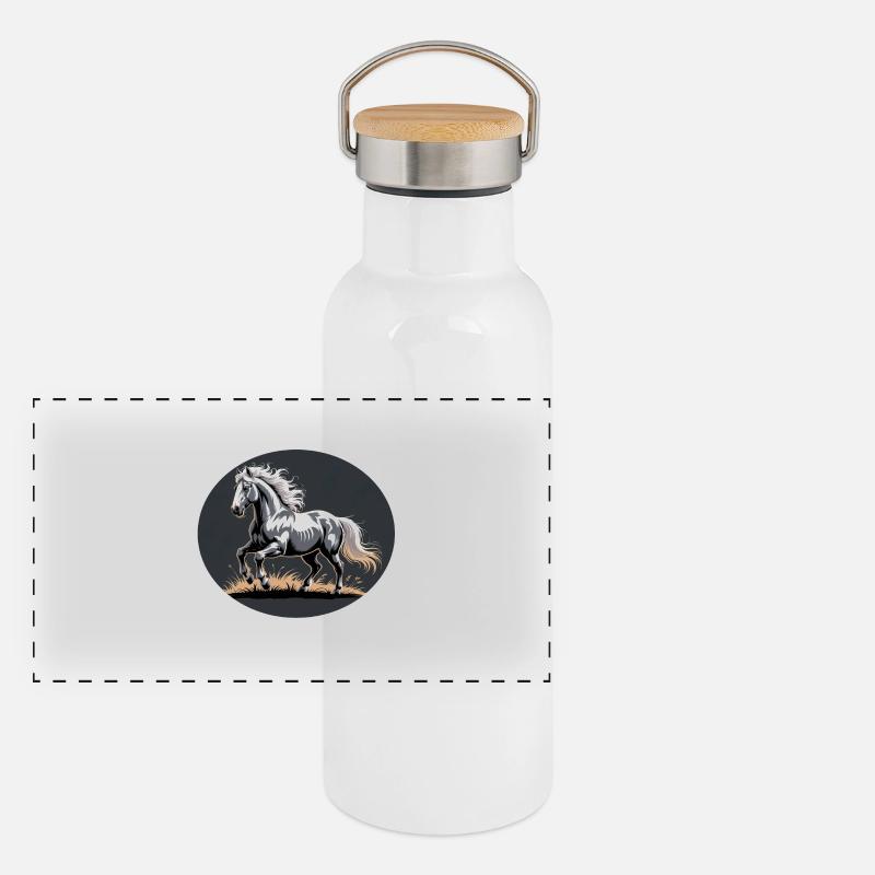Elegant Silver Trotting Tinker Stallion Panoramic Thermal Bottle with Bamboo Lid