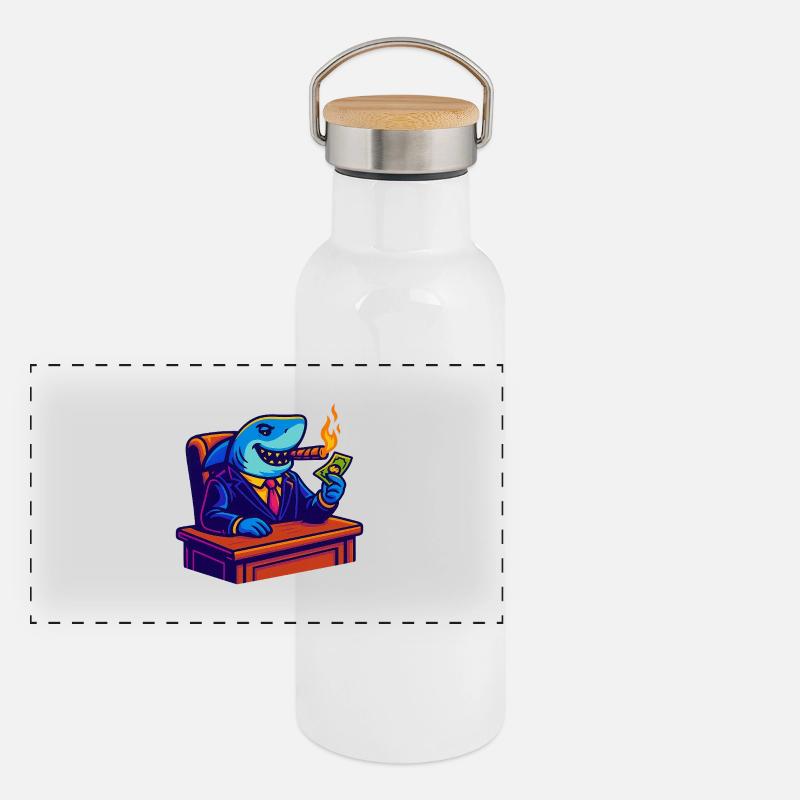 Büroshark mit Geld, Flamme und Zigarre Panorama Thermosflasche mit Bambusdeckel