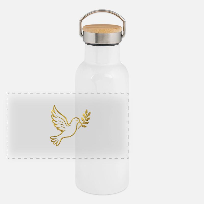 NEW -- Golden Dove With Olive Branch. Panoramic Thermal Bottle with Bamboo Lid