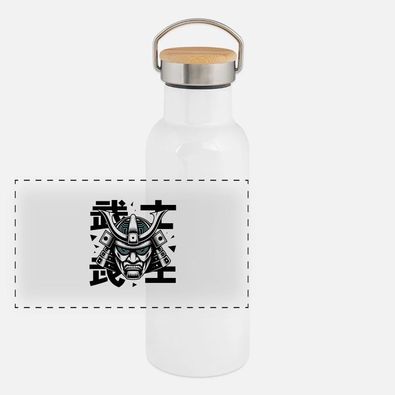 Futurist Samurai Mask Glyph Panoramic Thermal Bottle with Bamboo Lid