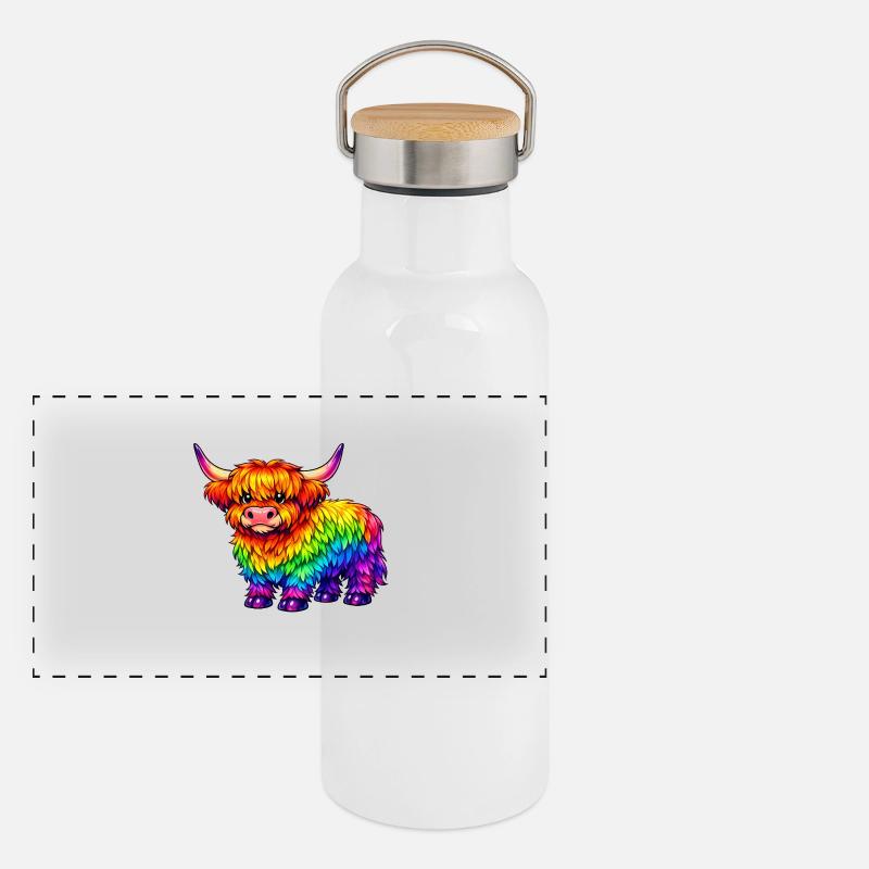 Lebendige Regenbogen-Highland-Kuh Panorama Thermosflasche mit Bambusdeckel