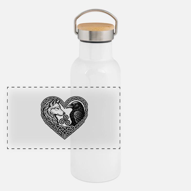 Celtic Heart: Wolf and Crow Panoramic Thermal Bottle with Bamboo Lid