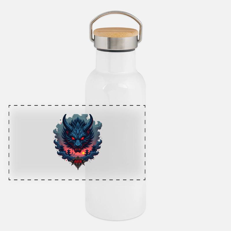 Shadow Oni – Japanischer Dämonenwolf Panorama Thermosflasche mit Bambusdeckel