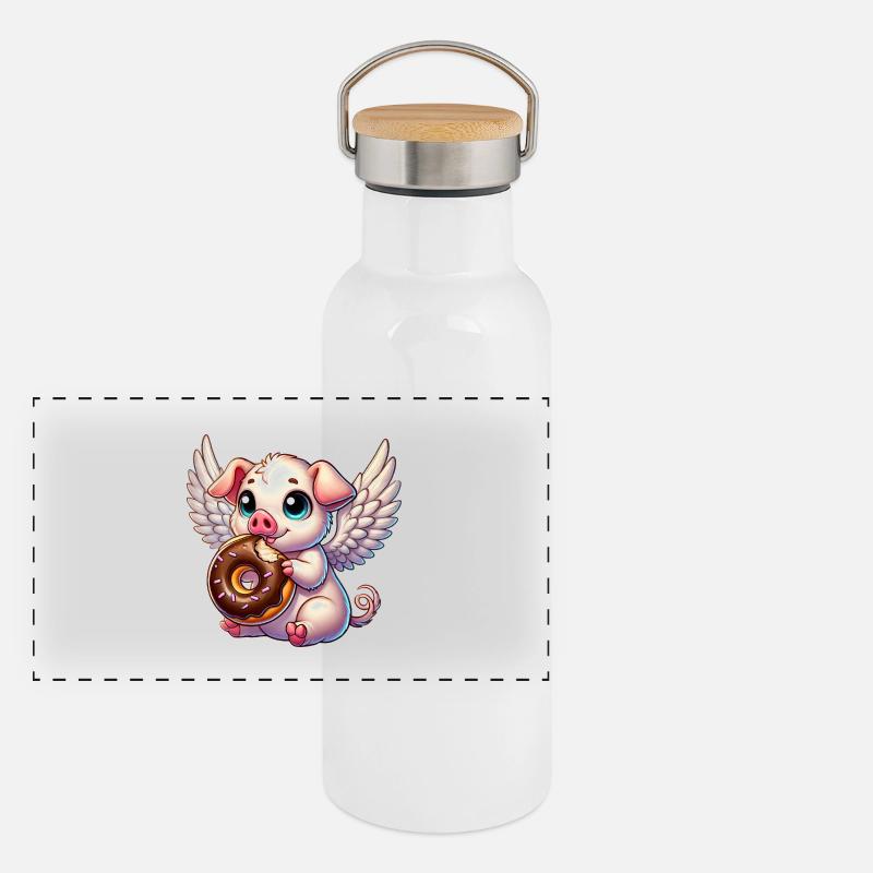 Ange Cochon avec des ailes de beignet Dessin animé mignon Gourde isotherme avec bouchon en bambou