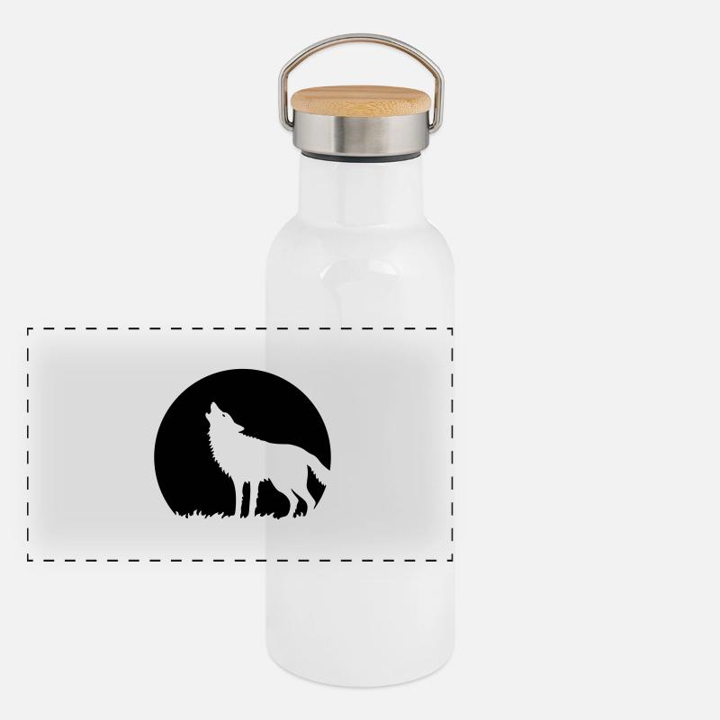 Howling Wolf At Full Moon (1C) Panoramic Thermal Bottle with Bamboo Lid