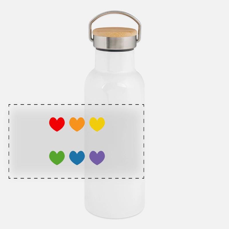 Regenbogenherzchen Braut weiss Panorama Thermosflasche mit Bambusdeckel