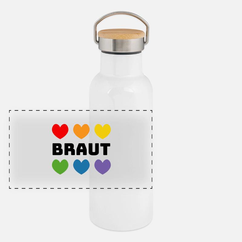 Regenbogenherzchen Braut schwarz Panorama Thermosflasche mit Bambusdeckel