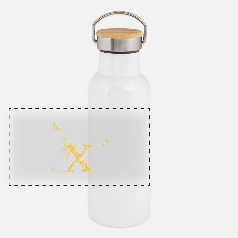 Buchstabe x Gold Glitzer Libelle - Geschenkidee Panorama Thermosflasche mit Bambusdeckel