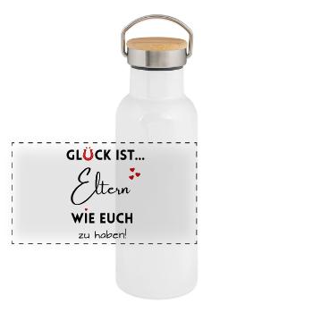 Glück ist, Eltern wie Euch zu haben! Mama & Papa - Panorama Thermosflasche mit Bambusdeckel - Weiß - Vorne