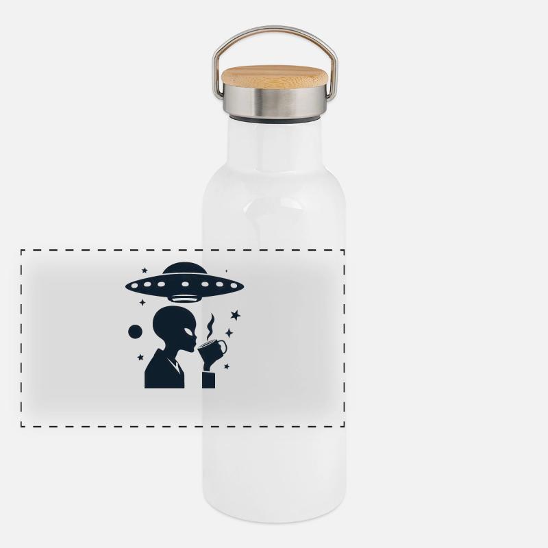 Alien Silhouette with Coffee & UFO Panoramic Thermal Bottle with Bamboo Lid