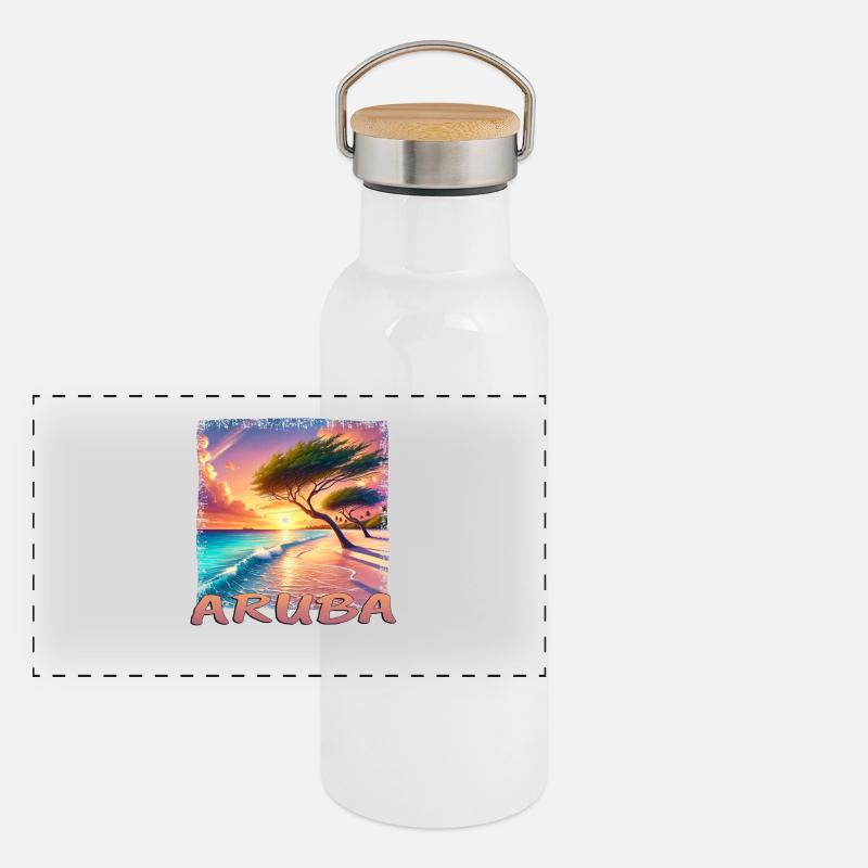 Aruba Eagle Beach Coucher de soleil Palmiers Grunge - Gourde isotherme avec bouchon en bambou - blanc