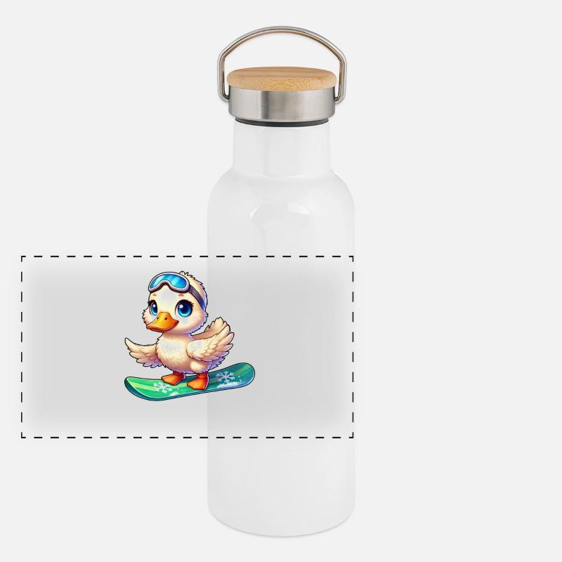 Mignon dessin animé canard surfeur snowboarder Gourde isotherme avec bouchon en bambou