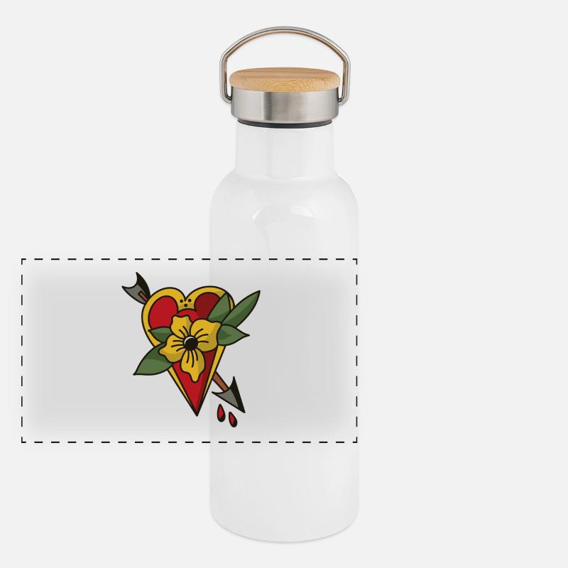 Herz mit Pfeil & Blume – Oldschool Tattoo Design Panorama Thermosflasche mit Bambusdeckel