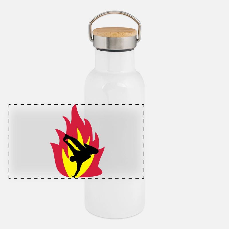 Breakdancer im Feuer Panorama Thermosflasche mit Bambusdeckel