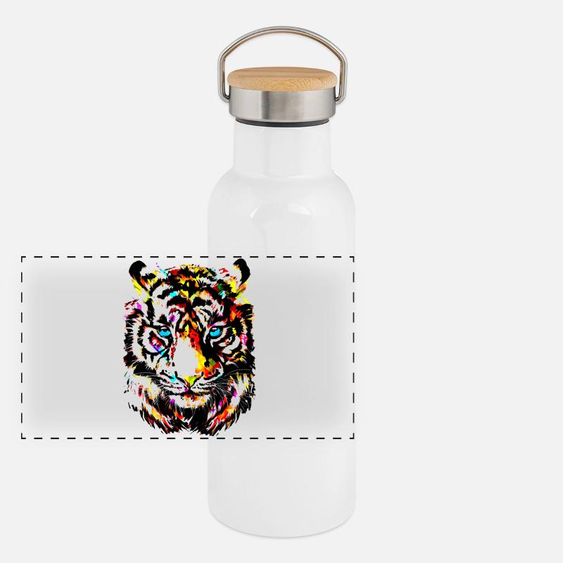 Bunter Tiger - Gelber Tigerkopf - Tiger Zeichnung Panorama Thermosflasche mit Bambusdeckel