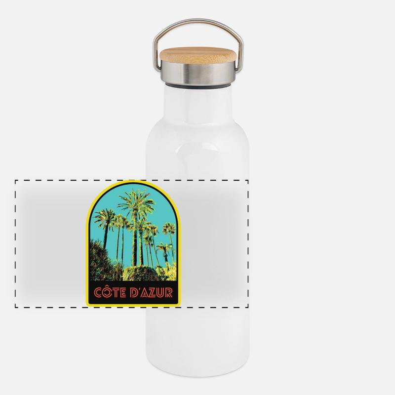 llustration emblematic palm trees, Còte d'Azur Panoramic Thermal Bottle with Bamboo Lid