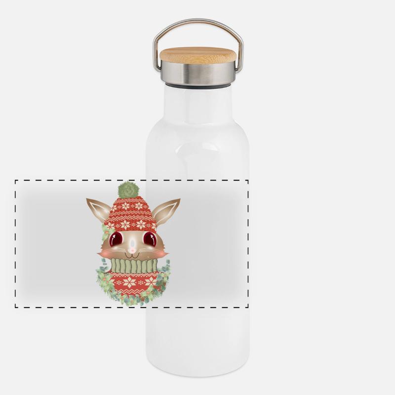 brown rabbit with sweater, bobble hat & wreath Panoramic Thermal Bottle with Bamboo Lid