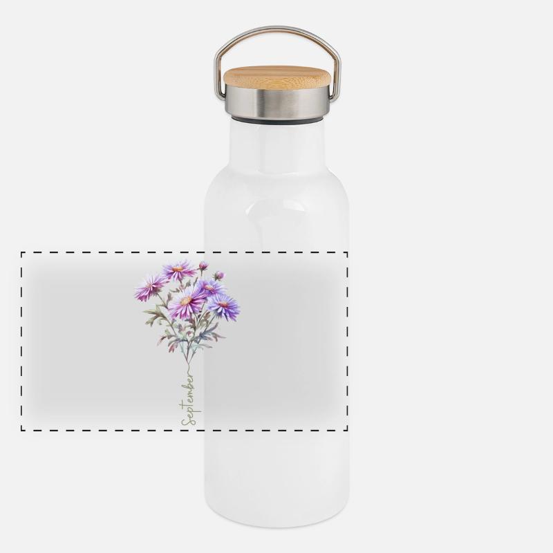 Strauß von Aster Kuchen September Blume Panorama Thermosflasche mit Bambusdeckel