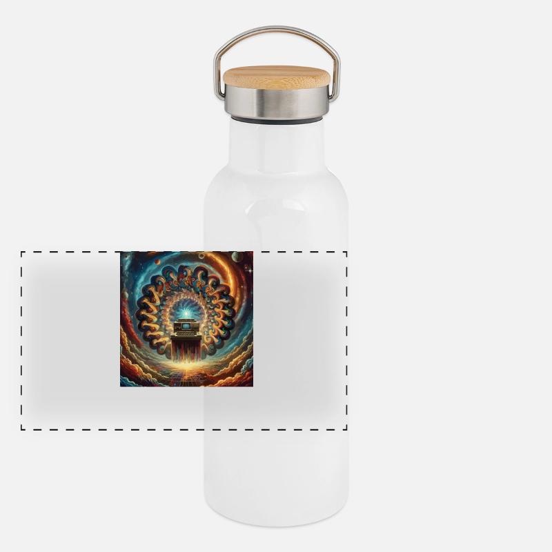 Cosmic Retro Computer Artwork Panoramic Thermal Bottle with Bamboo Lid