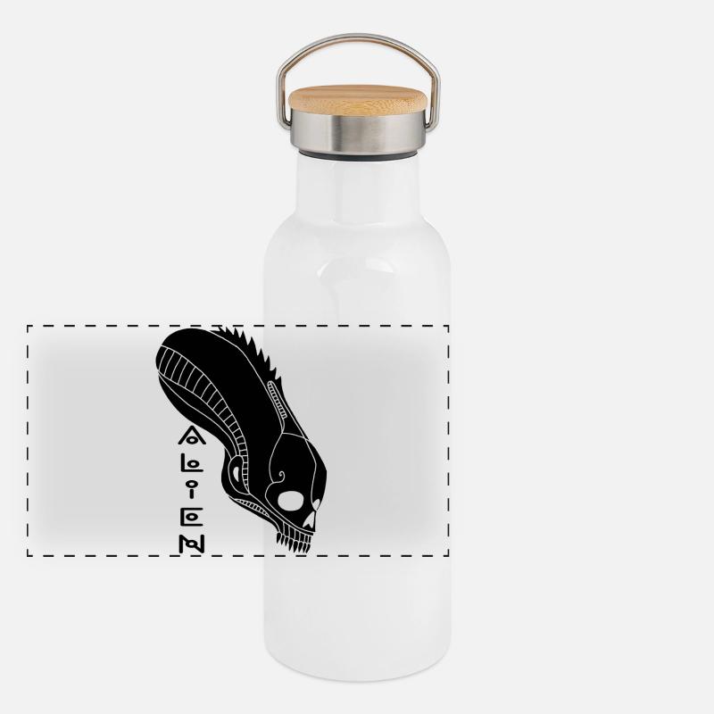 Schwarzer Alien-Schädel Panorama Thermosflasche mit Bambusdeckel