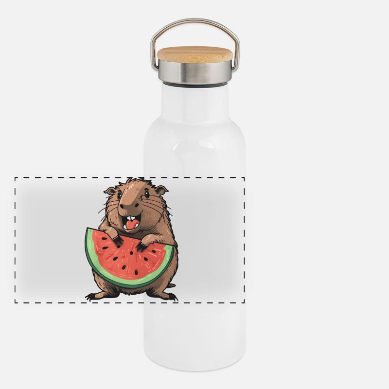 Capybara isst Wassermelone Panorama Thermosflasche mit Bambusdeckel