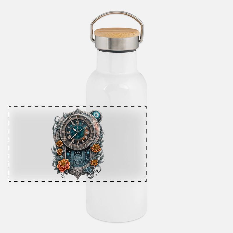 Steampunk watch adorned with roses. Panoramic Thermal Bottle with Bamboo Lid