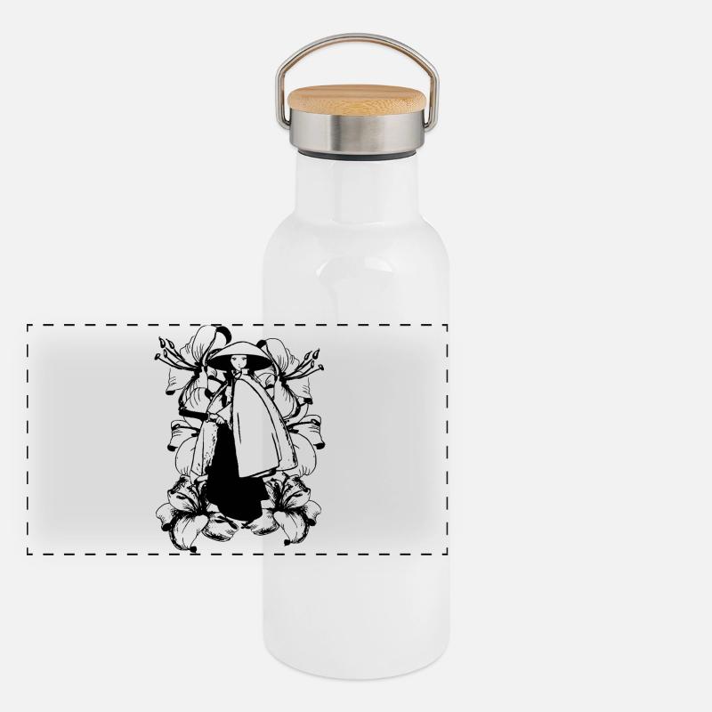 Samurai mit Katana Panorama Thermosflasche mit Bambusdeckel