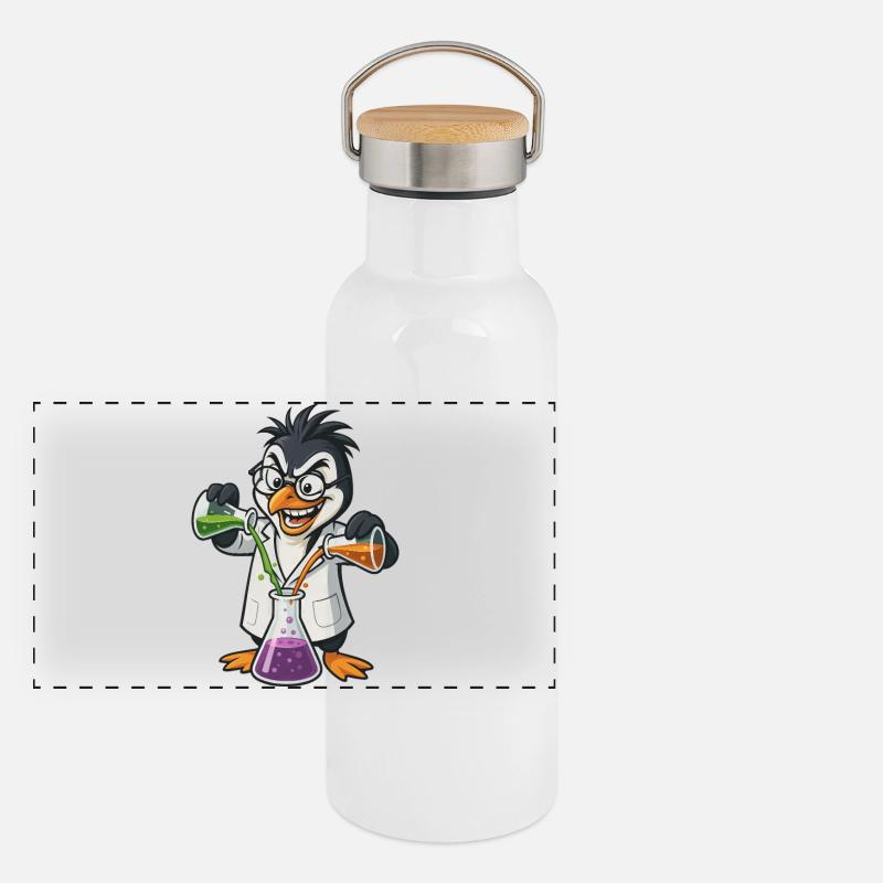 Verrückt Professor Pinguin Chemie Nerd Experiment Panorama Thermosflasche mit Bambusdeckel