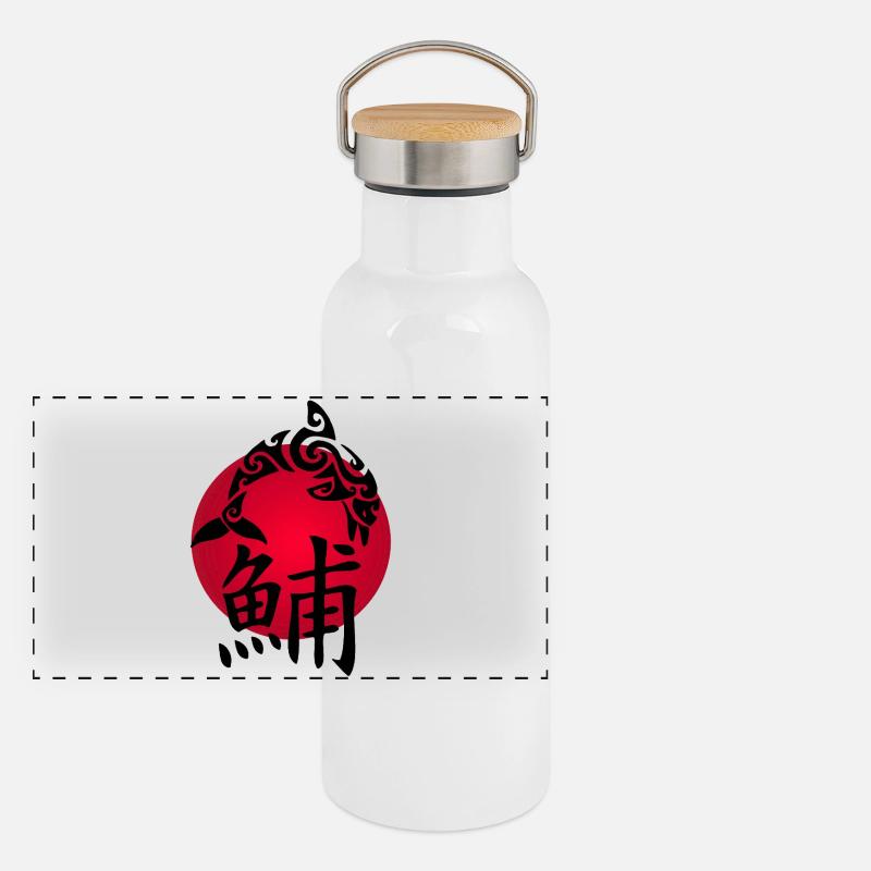 Schwarzer Delfin und rote Sonne Panorama Thermosflasche mit Bambusdeckel