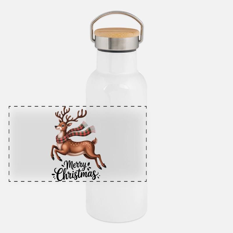 Winter deer with checkered scarf Panoramic Thermal Bottle with Bamboo Lid