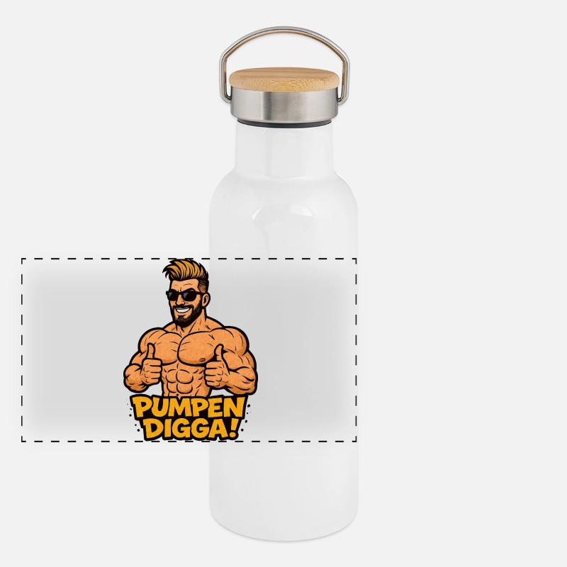 PUMPEN DIGGA Cartoon Bodybuilder Panorama Thermosflasche mit Bambusdeckel