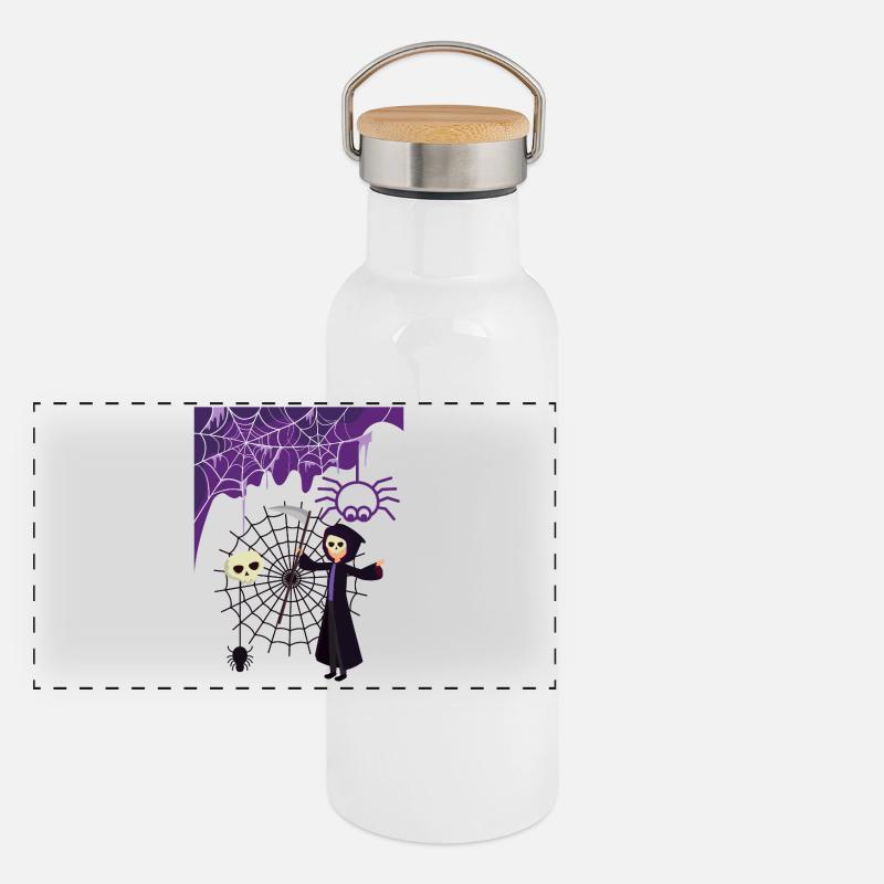 Grim Reaper im Spinnennetz Panorama Thermosflasche mit Bambusdeckel