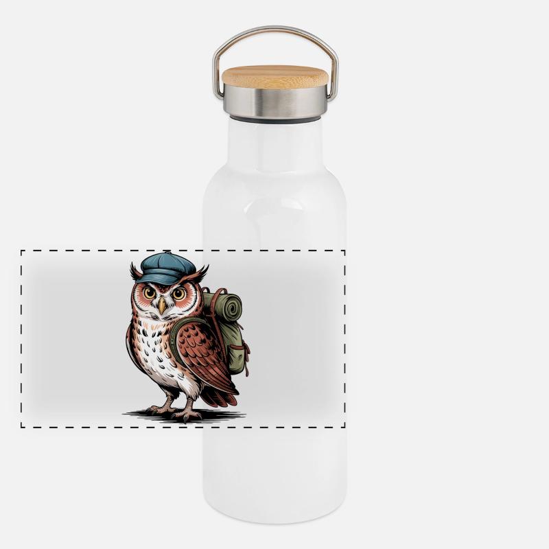Wandernde Eule mit Rucksack Panorama Thermosflasche mit Bambusdeckel