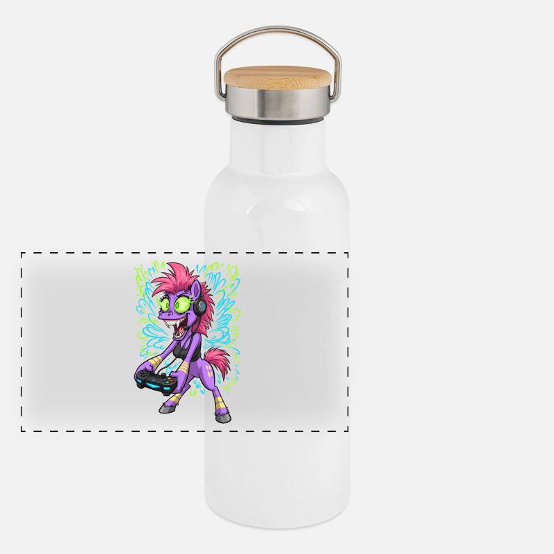 Neon Gaming Pony mit Kopfhörern Panorama Thermosflasche mit Bambusdeckel