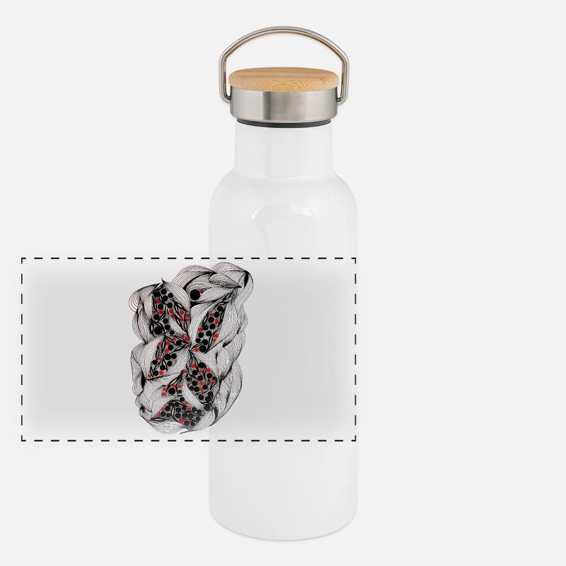 Black and white leaf pattern with red berries - Panoramic Thermal Bottle with Bamboo Lid - white