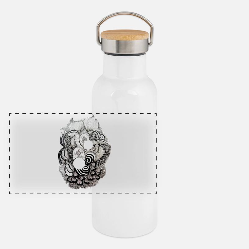Black and White Flower Ring Pattern Panoramic Thermal Bottle with Bamboo Lid
