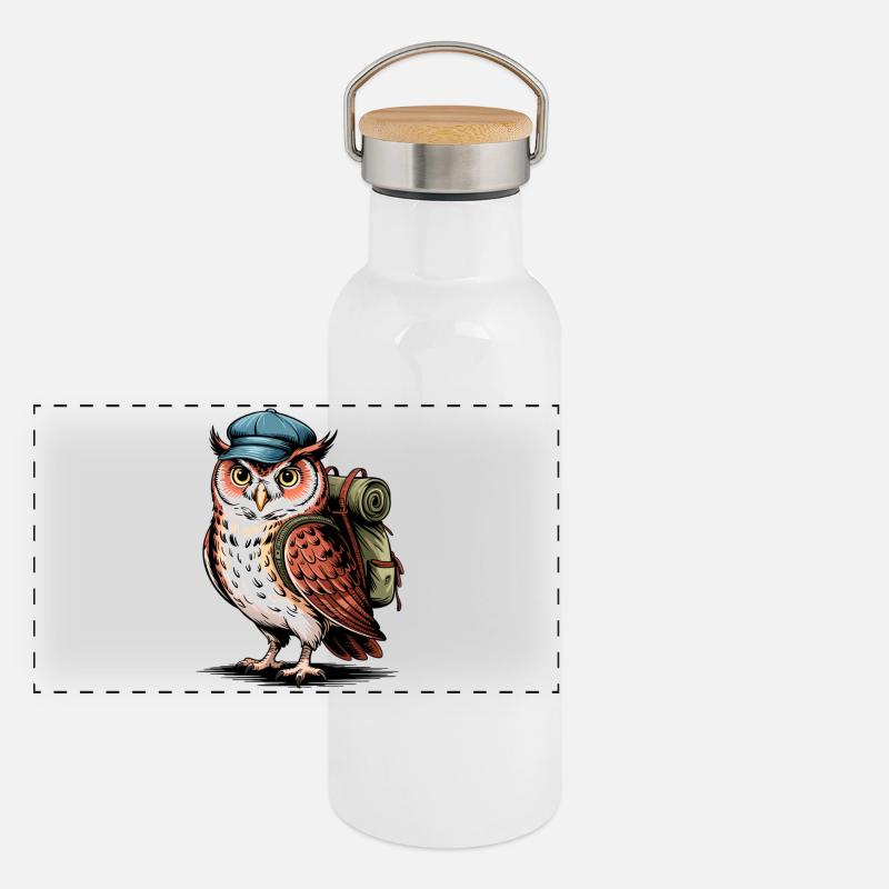 Abenteuer Eule mit Rucksack Panorama Thermosflasche mit Bambusdeckel