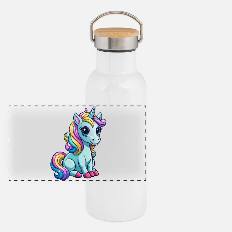 Sitzendes Einhorn Panorama Thermosflasche mit Bambusdeckel